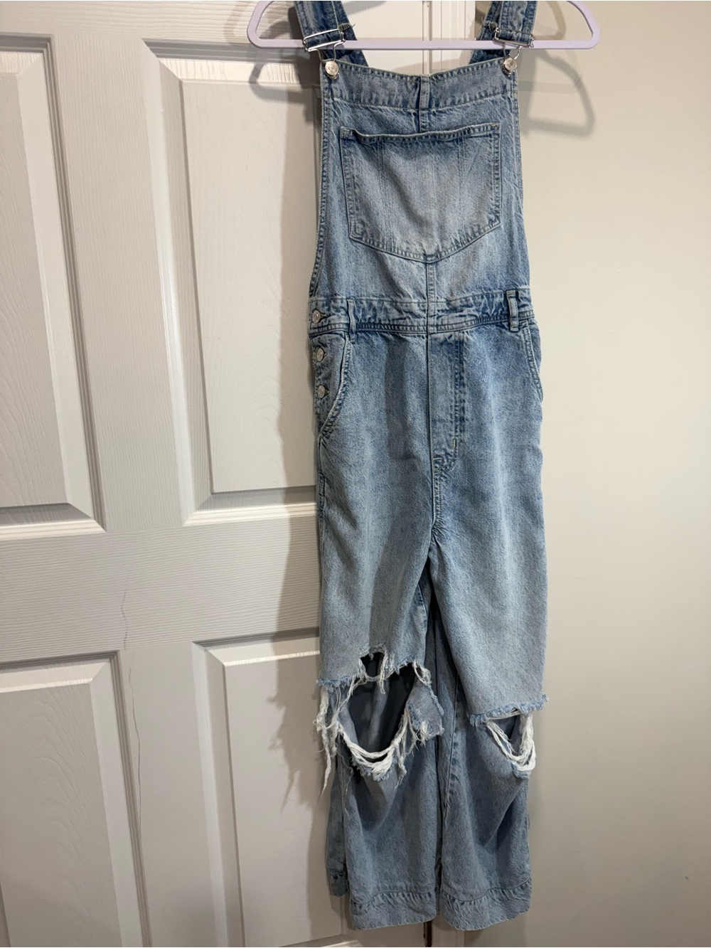 Vintage Y2K Distressed Wide Leg Denim Overalls XS Light Wash Baggy Grunge - Picture 3 of 10